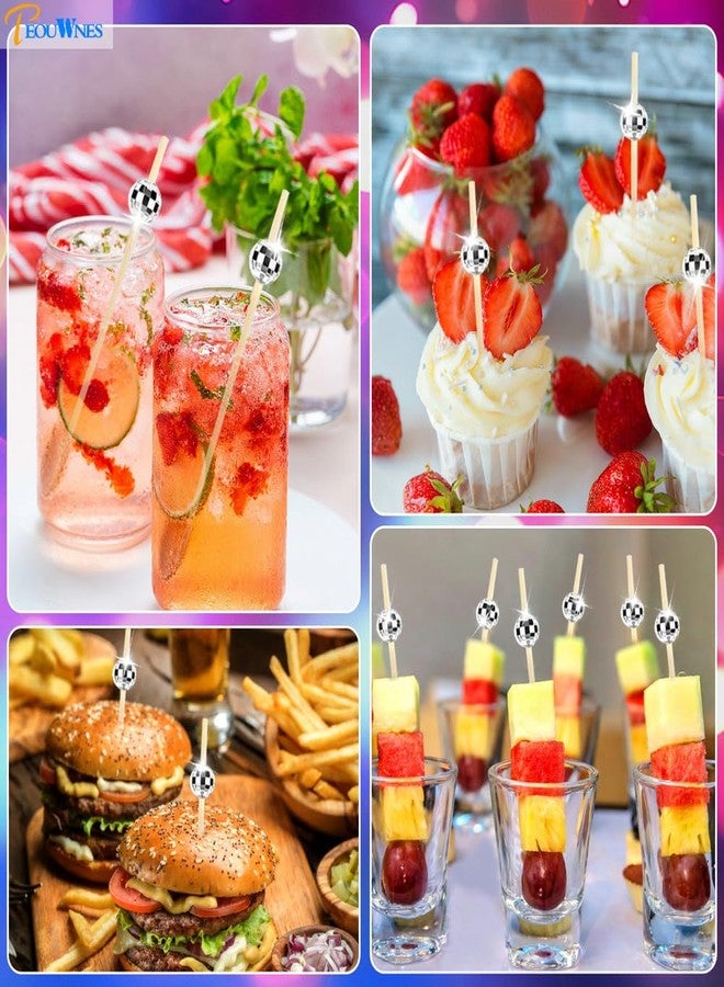 PEOUWNES ١٠٠ قطعة من أعواد الكوكتيل الفضية المزخرفة على شكل كرة ديسكو، مع علبة متينة، أعواد أسنان PEOUWNES بطول ٤.٧ بوصة للمقبلات، أسياخ خيزران فاخرة للمقبلات والمشروبات والفواكه، زينة حفلات الديسكو - Image 5